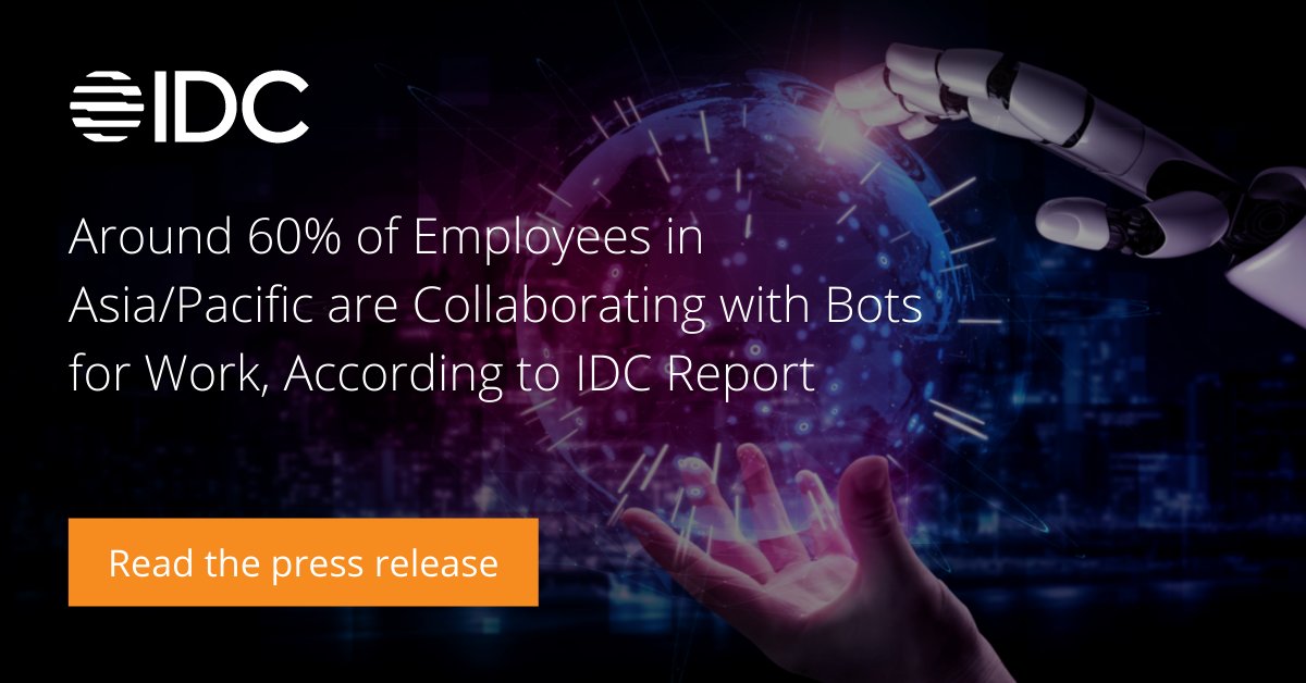 IDCAP's tweet photo. According to IDC's latest #FutureOfWork report, around 60% of employees are already collaborating with bots for work, suggesting a stronger need for organizations to accelerate their automation strategies

Read more in our press release: https://t.co/iy6BhQ7Nbc

#ITWatchers https://t.co/Zb5U635CXa