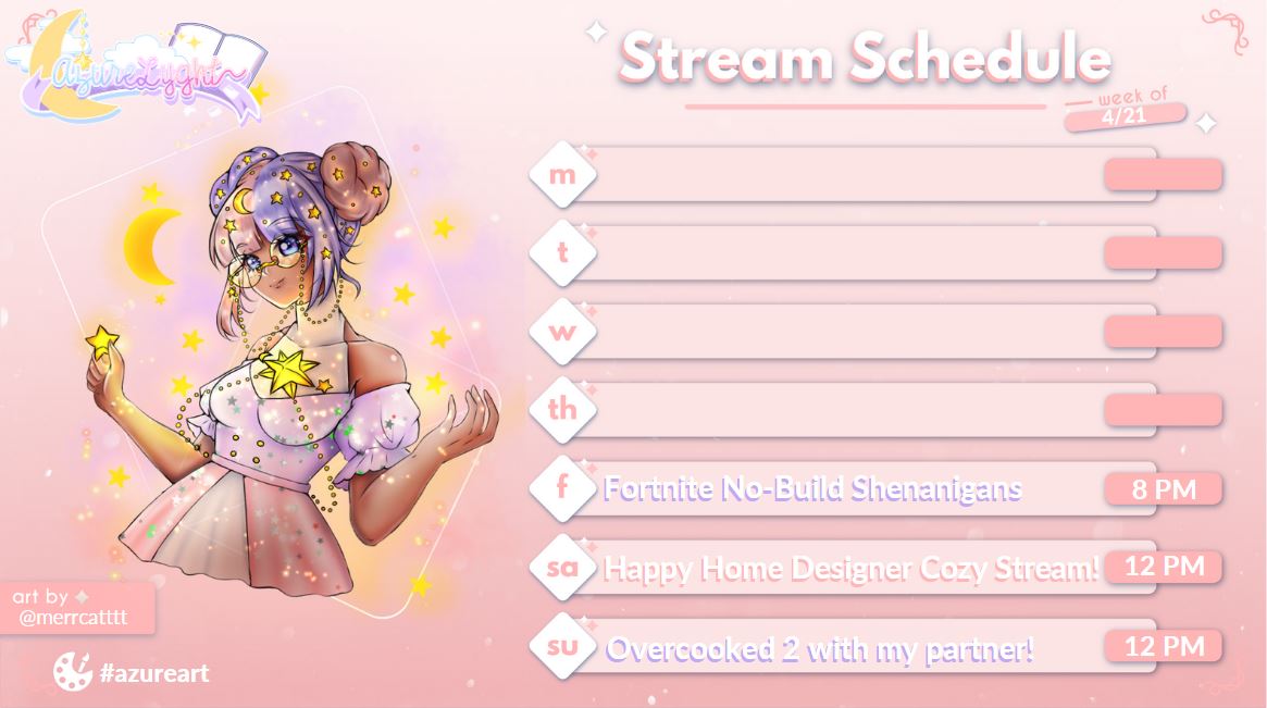 AzureLyght's tweet photo. Hello starlyghts! This is my stream schedule for the weekend - I've got a lot planned and I can't wait <3
Twitch: https://t.co/4dxA1IuDrR
YouTube: https://t.co/xYRiFlleBN
TikTok: https://t.co/96y4BrbI9w
π¨: #azureart
#Vtuber #ENVtubers #VTuberUprising https://t.co/WntBnEmmx2