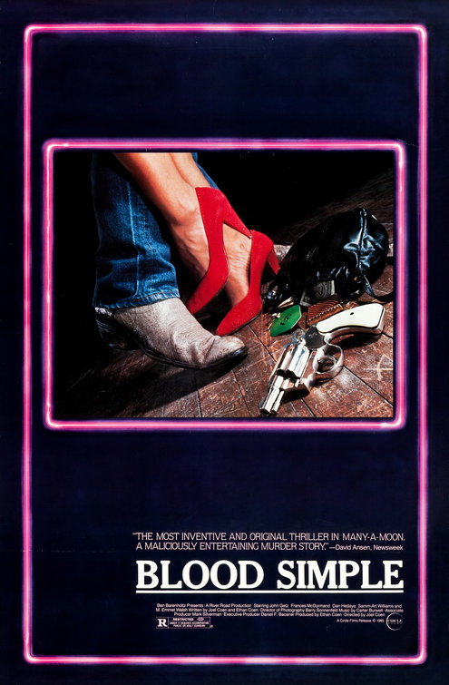 Blood Simple (1984) is a slasher-inspired crime thriller about a simple affair between a bartender and the owner's wife that spirals into a murder for hire and much more. The first Coen Brothers film.