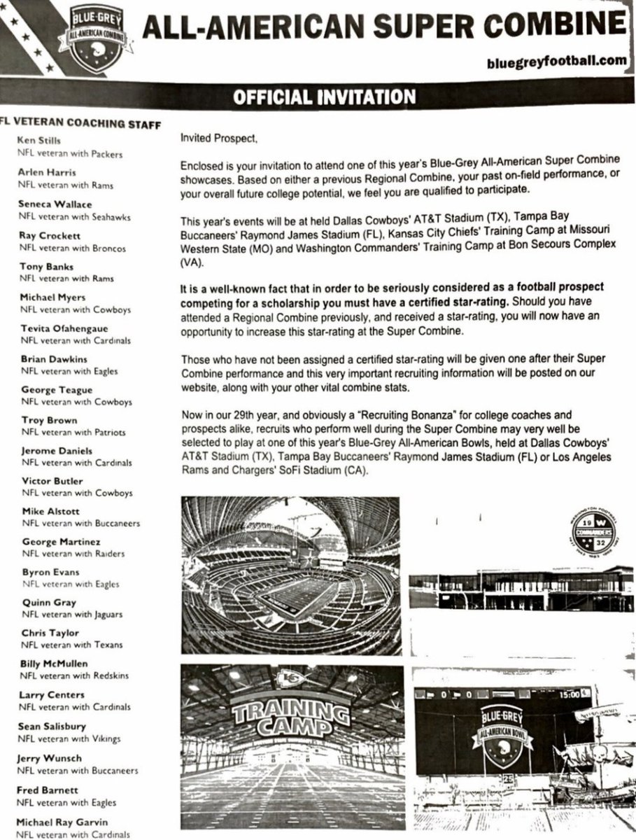 We would like to congratulate the following players on receiving an invitation to the Blue-Grey Super Combine at the Pro Football Hall of Fame in Canton, Ohio:

RB Talan McClurg 2024
LB Chase McClurg 2024
DT Joey Simpson 2024

Hard work pays off!  
#ALLIN