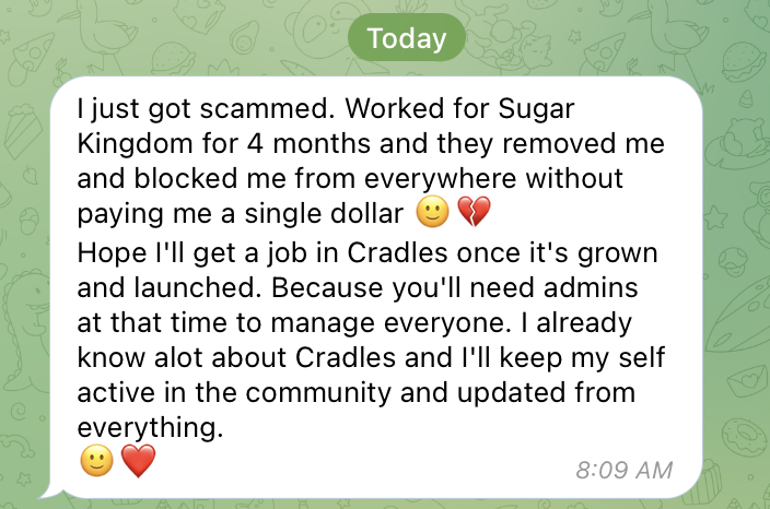 I wanna know why the other projects can do this to employee, only because the hire was never official in the crypto market? All bullshits now in the market now, getting used to it 4 years ago but now, same situation, no improvement at all.