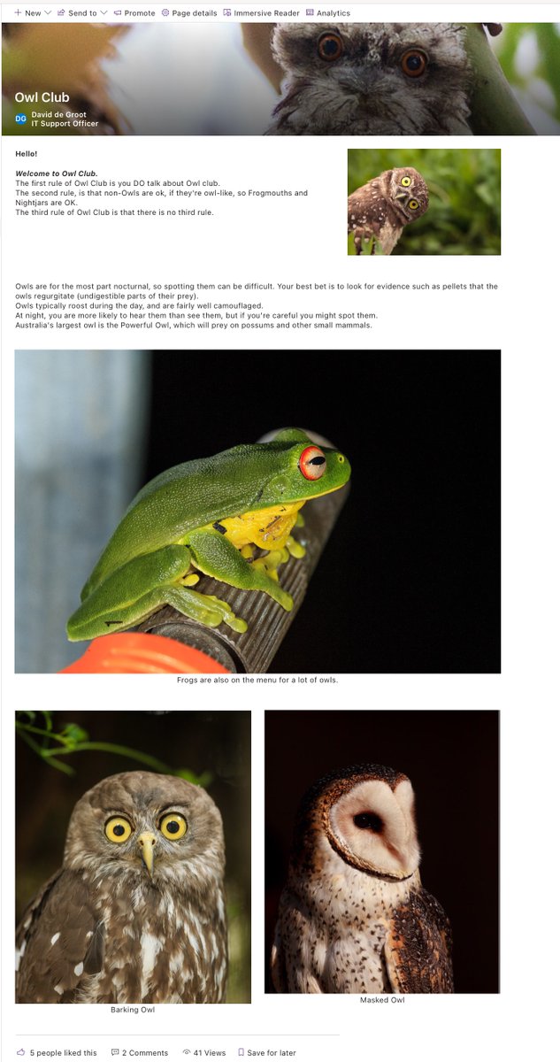 de_uql's tweet photo. That time in Sharepoint training when you create a test page about Owl Club and now it is a hidden and much loved Easter egg in the Intranet.
#OwlClub https://t.co/ougyPrZRMH