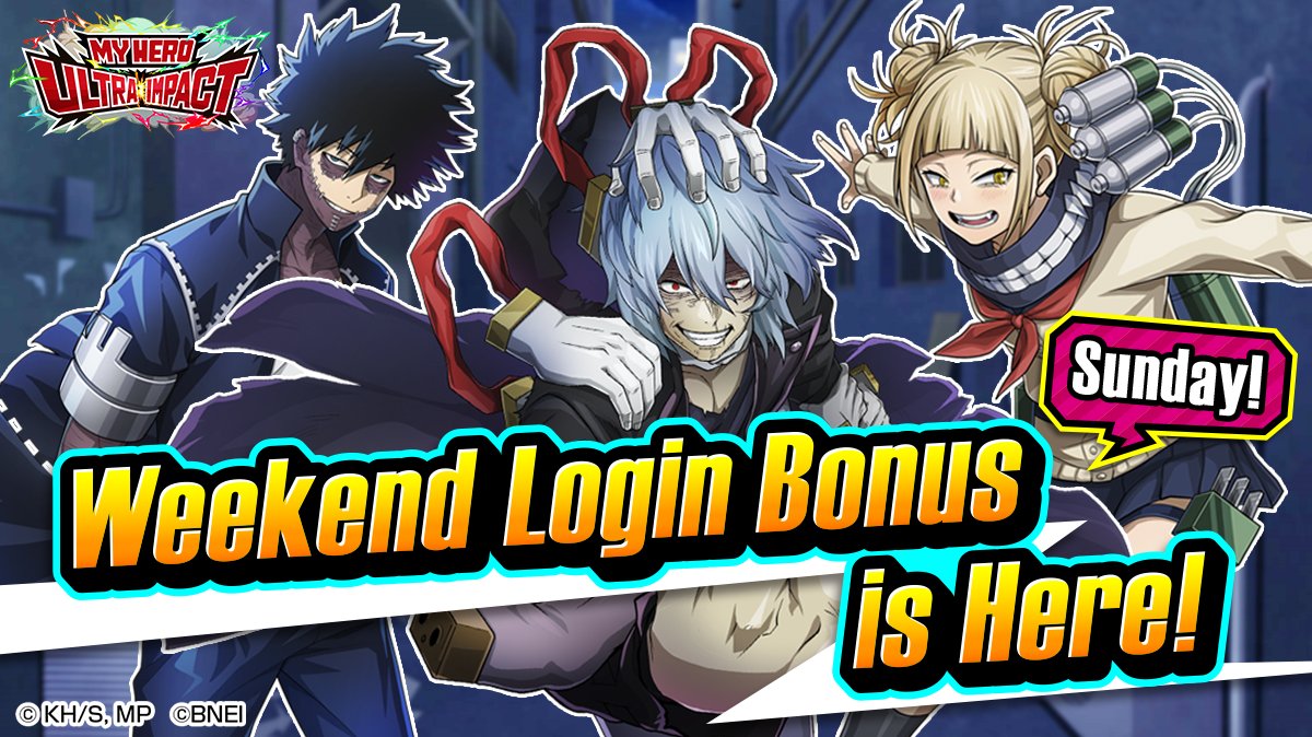 MyHeroUI's tweet photo. ／
"Weekend Login Bonus!" 3rd day!
＼

Play #MyHeroUltraImpact on weekends!
Everyone who logs in to #MHUI on Friday, Saturday＆Sunday will receive up to Stamina x150 &amp; Hero Gem x80!

Check out the Message from the character in Gift Box!
#MyHeroAcademia https://t.co/1KRtGC9W09