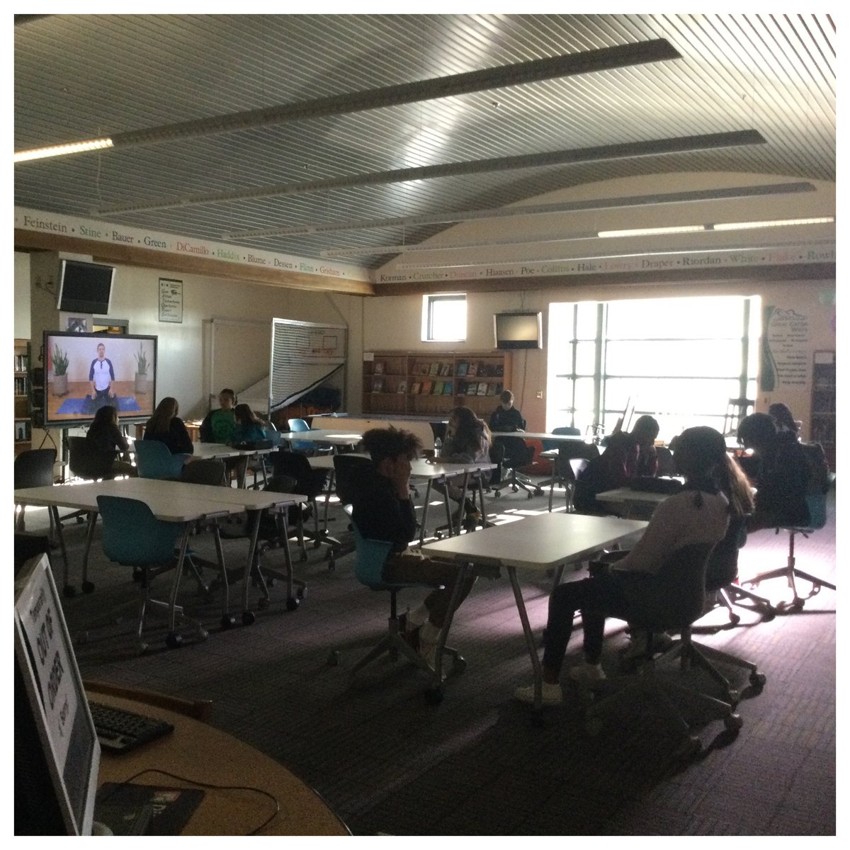 DCMSMediaCenter's tweet photo. This week instead of doing yoga poses before testing, we participated in a guided meditation that focused on our breathing. I was proud of our students for trying something new! I hope it helps give them tools for managing stress. @DutchmanCreekMS @RHSD_LMS #YogaInTheLibrary https://t.co/au50brX0kw
