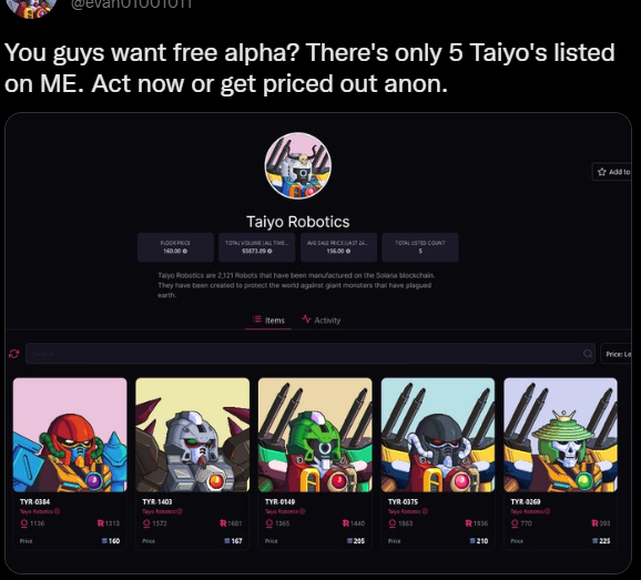 You guys want free alpha? There's only 5 Taiyo's listed on ME. Act now or get priced out anon.