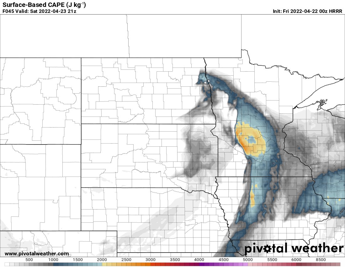 Surface based CAPE (Convective Available Potential Energy) values of 2800 J/kg and temps in the 80s at 4pm Saturday near Willmar on the latest HRRR. All severe weather hazards likely (even tornadoes) for Central and Southern Minnesota. Stay sky away Saturday. #mnwx https://t.co/K954RyGnp3