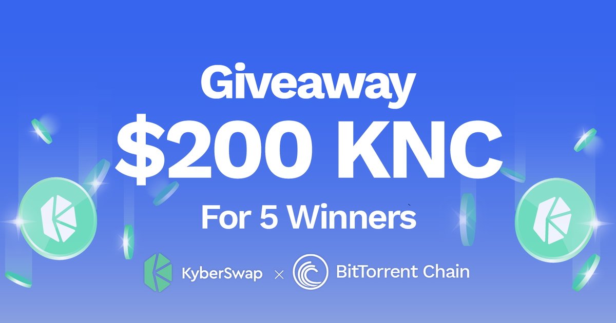 🪂 #KyberSwap x <a href="/BitTorrent/">BitTorrent</a> first airdrop for community 🪂

🏆 $200 KNC 🏆

Airdrop ends April 26, 2022

1️⃣ Do 5 tasks
2️⃣ Share and tag 5 friends

🚀 Airdrop Link: gleam.io/P1qN9/kyberswa…
#Airdrop #Giveaway #BTT