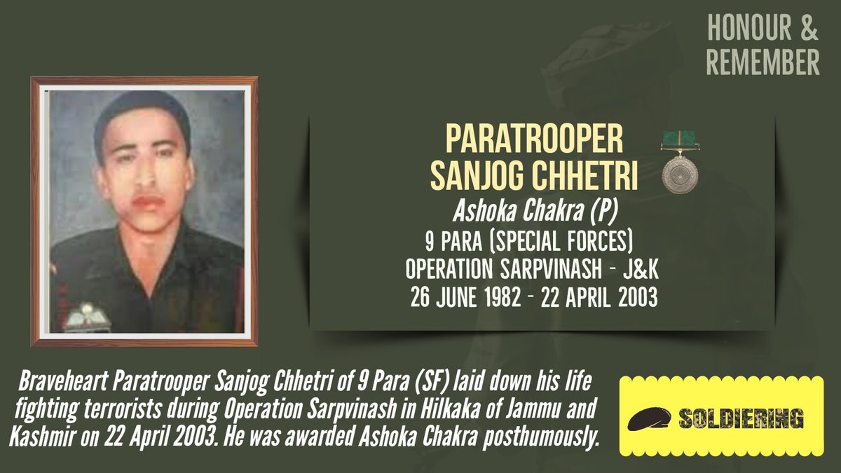 Today, we honour and remember #Braveheart Paratrooper Sanjog Chhetri, #AshokaChakra (P) of 9 #Para (SF) who fought gallantly against terrorists before making ultimate sacrifice during #OpSarpvinash in #Hilkaka of J&K on 22 April 2003. The nation will never forget his bravery.
