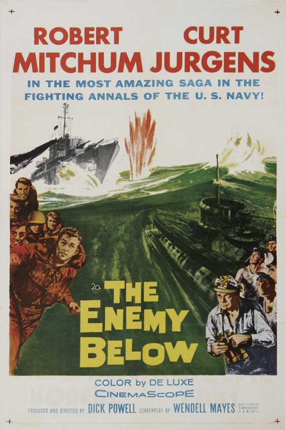 The Enemy Below (1957) depicts the cat-and-mouse struggle between an American destroyer escort and a German U-Boat at the height of WW2. Really tight naval combat movie, written by a decorated British captain.