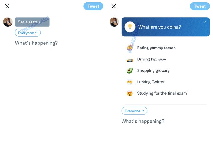 Twitter Vibe:

Left: [Set a status] UI showing on the top of Tweet Composer

Right:  With that UI expanded, showing a selector of a few predefined statuses: “What are you doing?”:

1. Eating yummy ramen
2. Driving highway
3. Shopping grocery
4. Lurking Twitter
5. Studying for the final exam