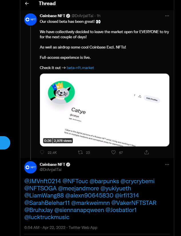 markweimnn's tweet photo. Lol, a Coinbase NFT scam now. Twitter needs to do something about this. As AI field is more advanced now, this should be detected early. Who would tag thousands of people to a single tweet, unless they're spamming/scamming ? #NFTCommunity #NFTScams #NFTScamAlert https://t.co/Ihtu9xNsXp