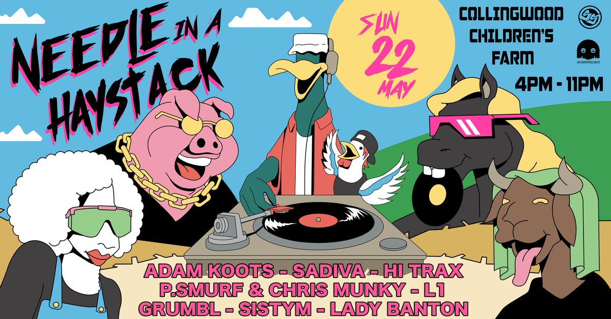 Uncomfortable Beats + Subliminal Sounds combine forces to present ‘Needle In A Haystack’. A day of Beats, Bass and furry Farm Animals down at Collingwood’s Children's Farm, Sunday May the 22nd

Tix: eventbrite.com.au/e/uncomfortabl…

FB: fb.me/e/1PHcw4Qyb
#collingwoodchildrensfarm