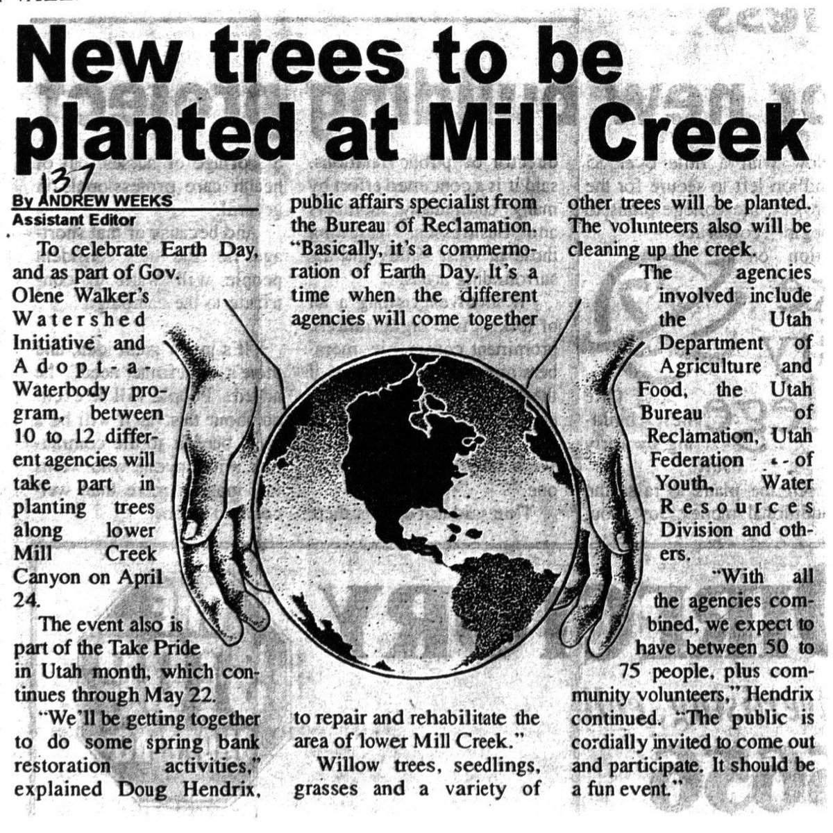 Happy #EarthDay2022! #DYK the first #EarthDay led to the creation of the @EPA? Our friends at @UServeUtah have complied a list of events happening: https://t.co/RvGvyUa4l7 
This West Valley News article from April 22, 2004 is found in Series 25844-Gov Walker Newspaper Clippings. https://t.co/C4vX3j5znV