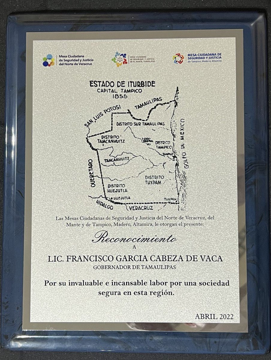 fgcabezadevaca's tweet photo. Agradezco el reconocimiento entregado este día en #Tampico por las Mesas Ciudadanas de Seguridad y Justicia del Norte de #Veracruz, #Mante, #Tampico, #Madero y #Altamira. No bajemos la guardia en atención a la seguridad ciudadana. https://t.co/KpE9DesaC8