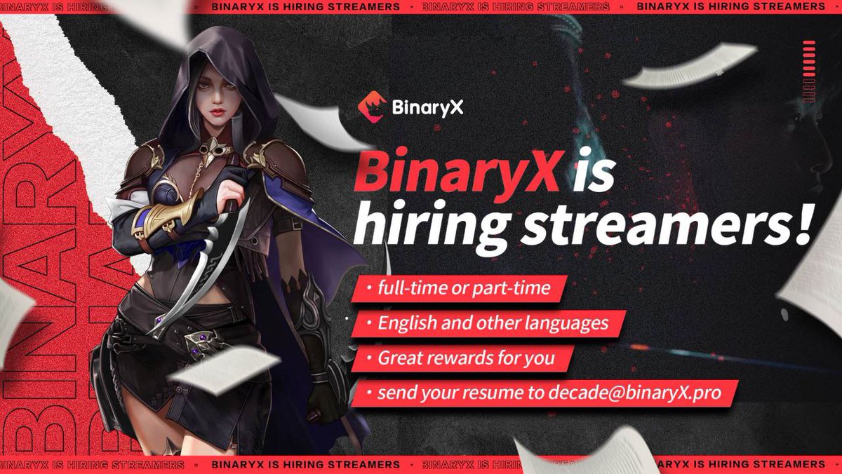 🚨 Hello to all BinaryX-ers ‼️

We are NOW hiring both full-time and part-time streamers😃(Share to those who are interested!)

Jump on the springboard if you want to be part of our team⚔️
To know more👇🏼
foremost-raja-f22.notion.site/BinaryX-is-hir…

#hiring #GameFi #NFTCommmunity #streamers