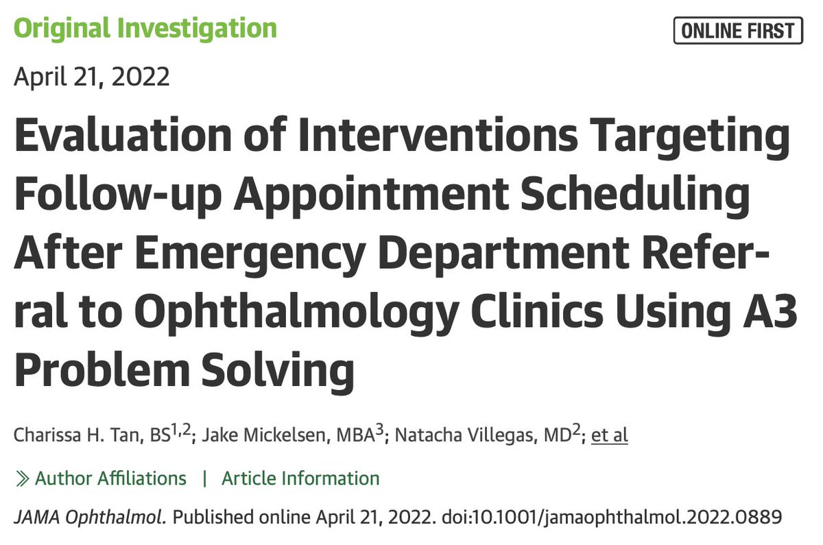 Our @ByersEye QI project is published! Interventions Targeting Follow-up Appointment Scheduling After ED Referral to Ophthalmology Clinics ja.ma/3v2rBXa via <a href="/JAMAOphth/">JAMA Ophthalmology</a> part of <a href="/JAMANetwork/">JAMA Network</a>