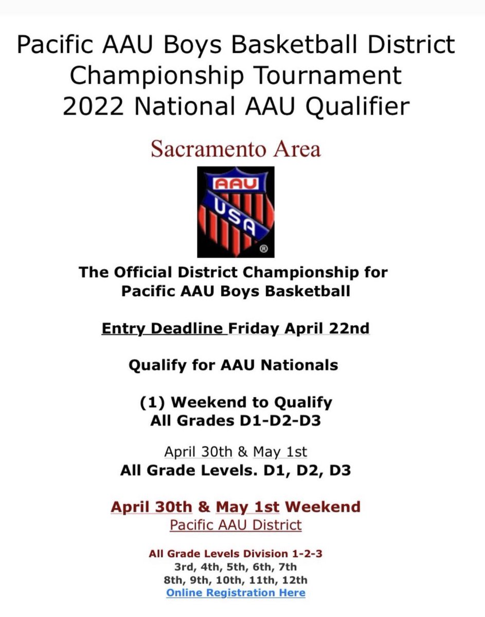 Pacific AAU Boys Basketball District Championship is next weekend. April 30 May 1 in Sacramento Ca. Register now at SacAreaSports.net 🔥