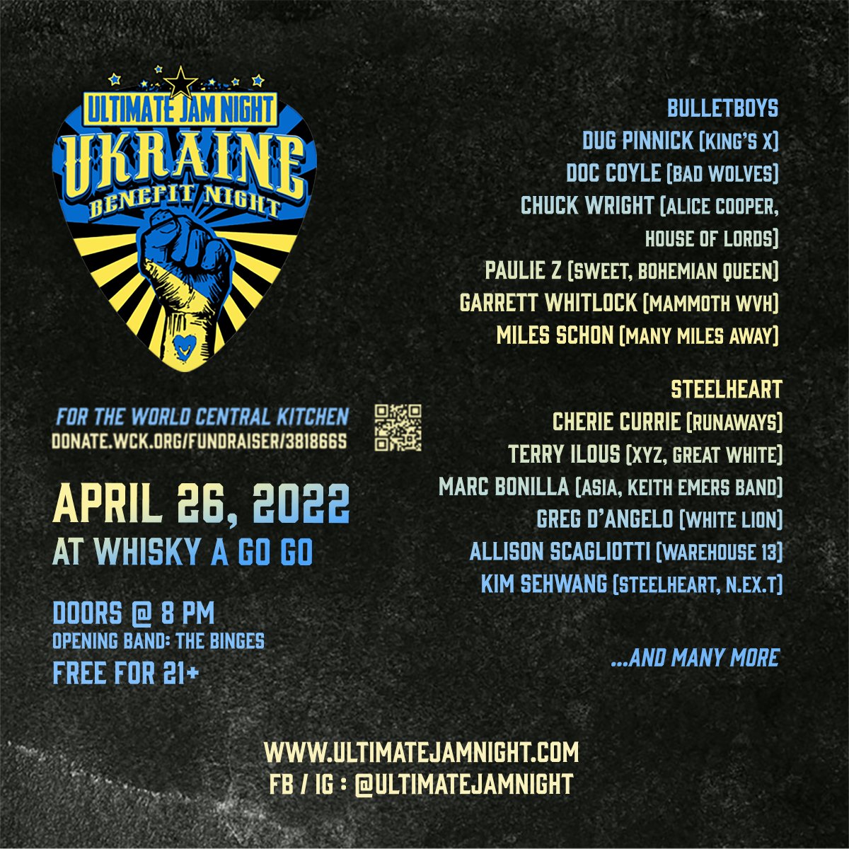 Chuck Wright (@chuckwrightbass) on Twitter photo The semi-weekly event I am co-producing, Ultimate Jam Night <a href="/ultimate_jam/">Ultimate Jam Night</a> is hosting a benefit concert for Ukraine. Our aim is to raise money for the World Central Kitchen <a href="/WCKitchen/">World Central Kitchen</a> that feeds the Ukrainian refugees. Their kitchen in Kharkiv was bombed last Saturday. The semi-weekly event I am co-producing, Ultimate Jam Night <a href="/ultimate_jam/">Ultimate Jam Night</a> is hosting a benefit concert for Ukraine. Our aim is to raise money for the World Central Kitchen <a href="/WCKitchen/">World Central Kitchen</a> that feeds the Ukrainian refugees. Their kitchen in Kharkiv was bombed last Saturday.