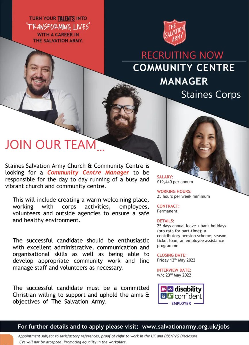 We're looking for a Community Centre Manager to be responsible for the day to day running of our busy and vibrant church and community centre. 

Visit salvationarmy.org.uk/jobs or webrecruitment.salvationarmy.org.uk/ce0024li_webre… for more information and to apply.