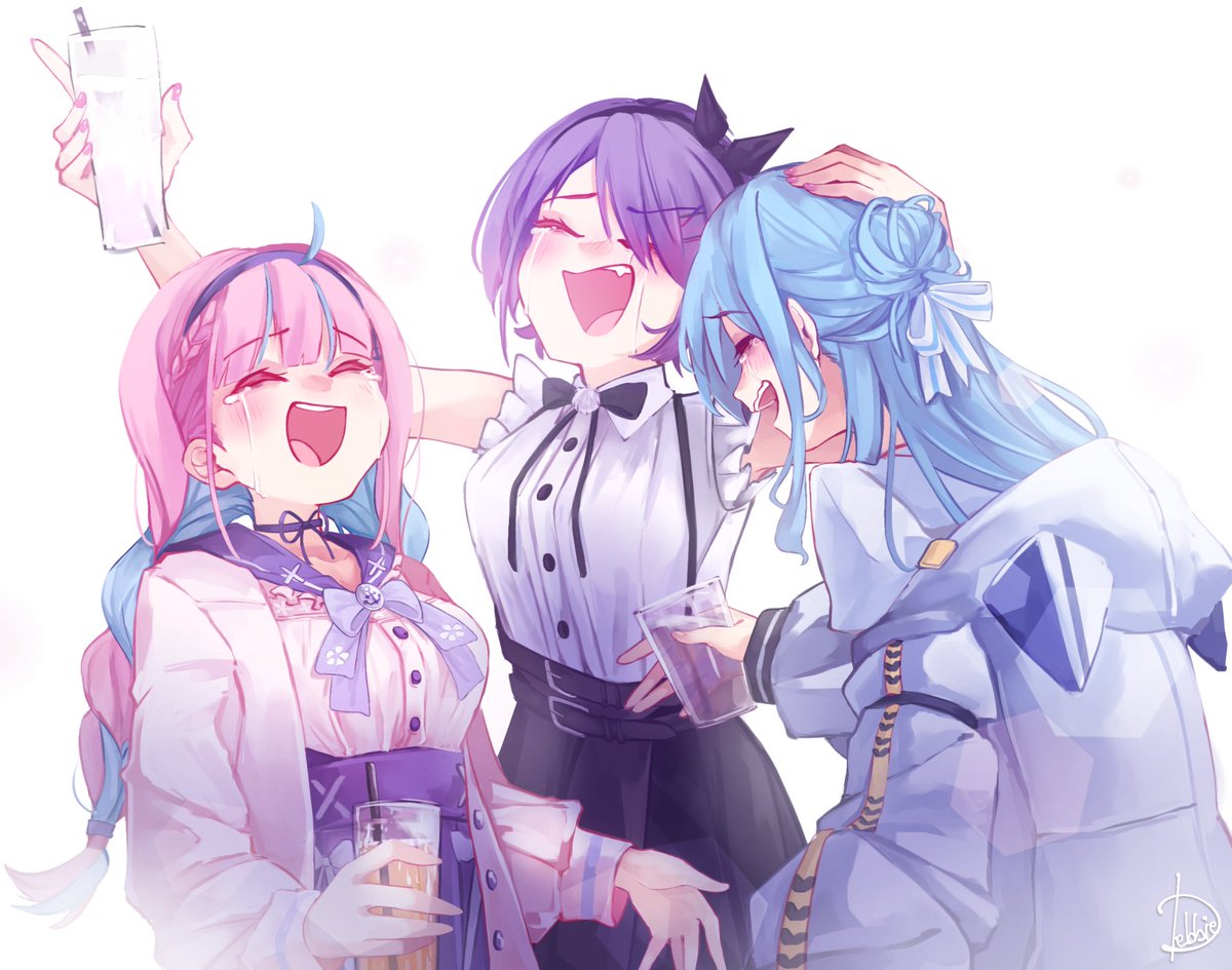 hoshimachi suisei ,minato aqua ,tokoyami towa multiple girls 3girls purple hair blue hair closed eyes cup smile  illustration images