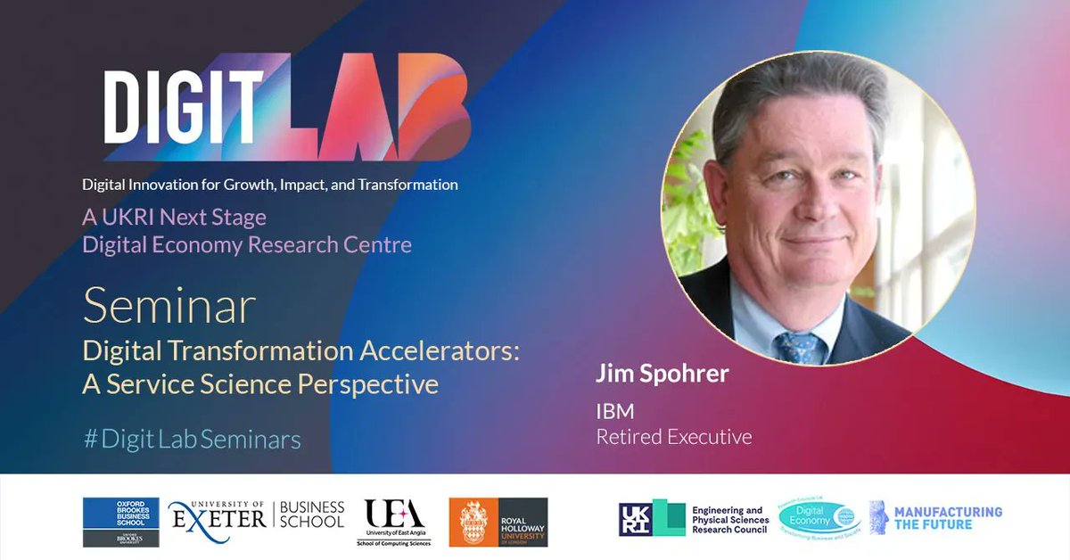 DIGITLabUK's tweet photo. Join IBM Innovation Champion @JimSpohrer – renowned for his contributions to #ServiceScience, as he explores #DigitalTransformation accelerators arising from shocks of #pandemic and #ArtificialIntelligence
📅 11 May, 2–3pm (GMT)
🎟 https://t.co/wR1TkdjB0l
@IBMResearch #AI #Data https://t.co/4181QZIacZ