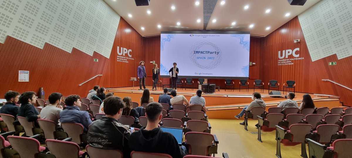 andreuibanez's tweet photo. . @DscSpain #IMPACTParty is going on at #Barcelona @la_UPC Vèrtex Auditorium, Google's @googledevs Students Clubs in Spain are appearing on stage with the intro of Laura Sincera and #Ukraine️ Developer Rostyslav Makhanko, next to @Alex_ao8 @IreneRuizPozo and @justhugoelchef https://t.co/hkJGjO9BQ7