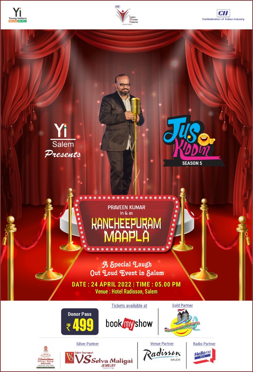 YiSalemChapter's tweet photo. Book your tickets in BOOKMYSHOW  by using the link below 
Checkout  https://t.co/uVOtRD623A 
#Yi #CII #IWN #juskiddin #season5 #standupcomedy #standupcomedyshow #salem #salemcity #kancheepurammaapla #live #first #Praveenkumar #biriyanilovers #summervibes #summer2022 #ForPosterity https://t.co/xJw3j20RHd