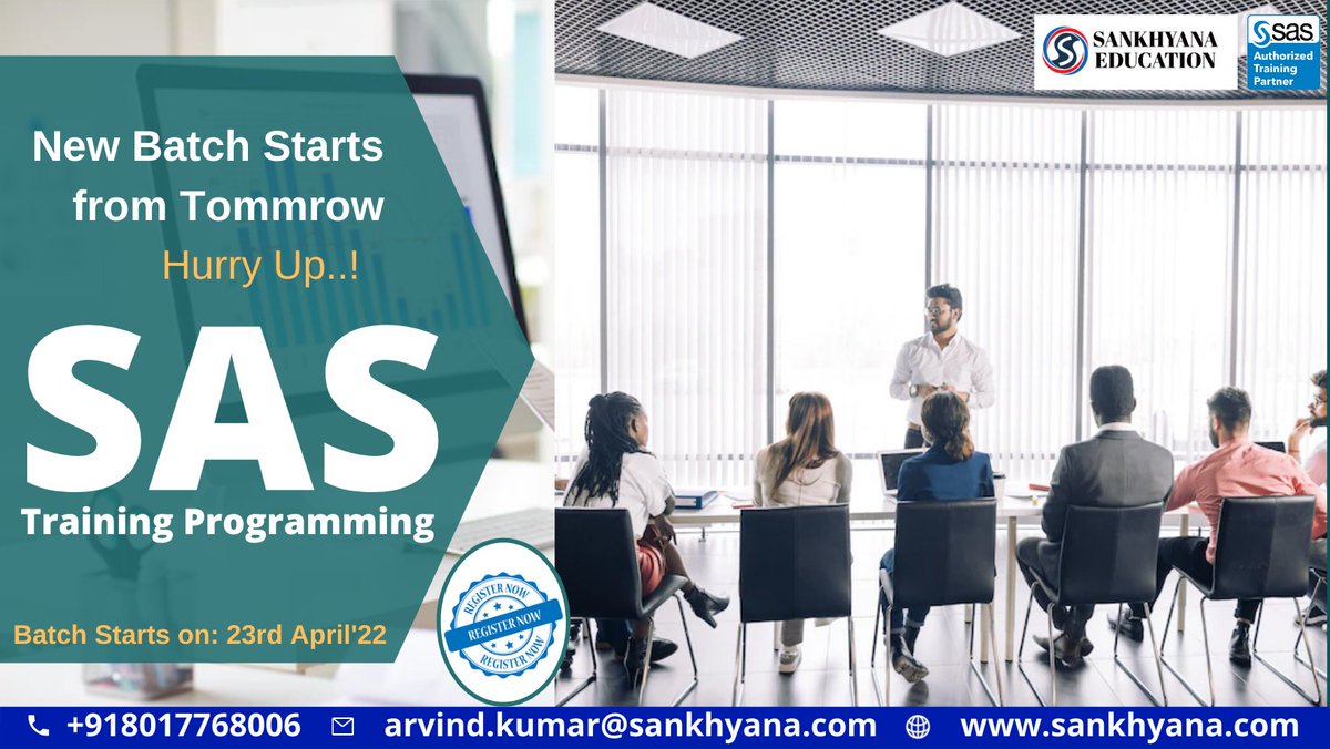 sankhayana's tweet image. SAS is the leader in analytics. Do you want to become a leader of Analytics?
Hurry up Join fast…! only few hour left
Join our training Program: lnkd.in/dccXh9wj
Reach us: +91 8017768006, arvind.kumar@sankhyana.com,sankhyana.com
#SASATC #DataAnalytics #Analytics