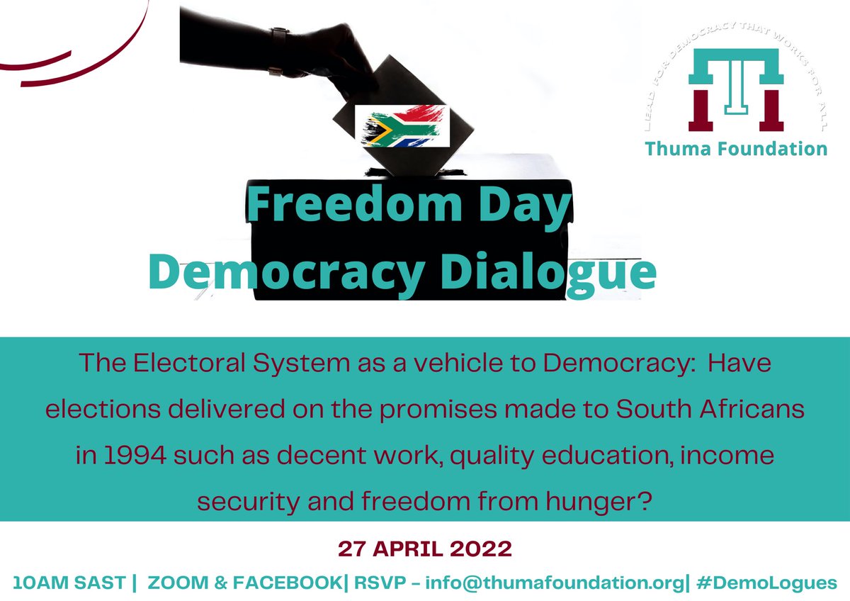 ThumaFoundation's tweet photo. Salutations #DemocracyDefenders!
You are invited to join the Thuma Foundation on #FreedomDay2022, a monumental time in our country as we celebrate those who worked selflessly for this democracy and renew our commitment to humanity to #MakeDemocracyWorkForAll. https://t.co/rwfb2MXaZX
