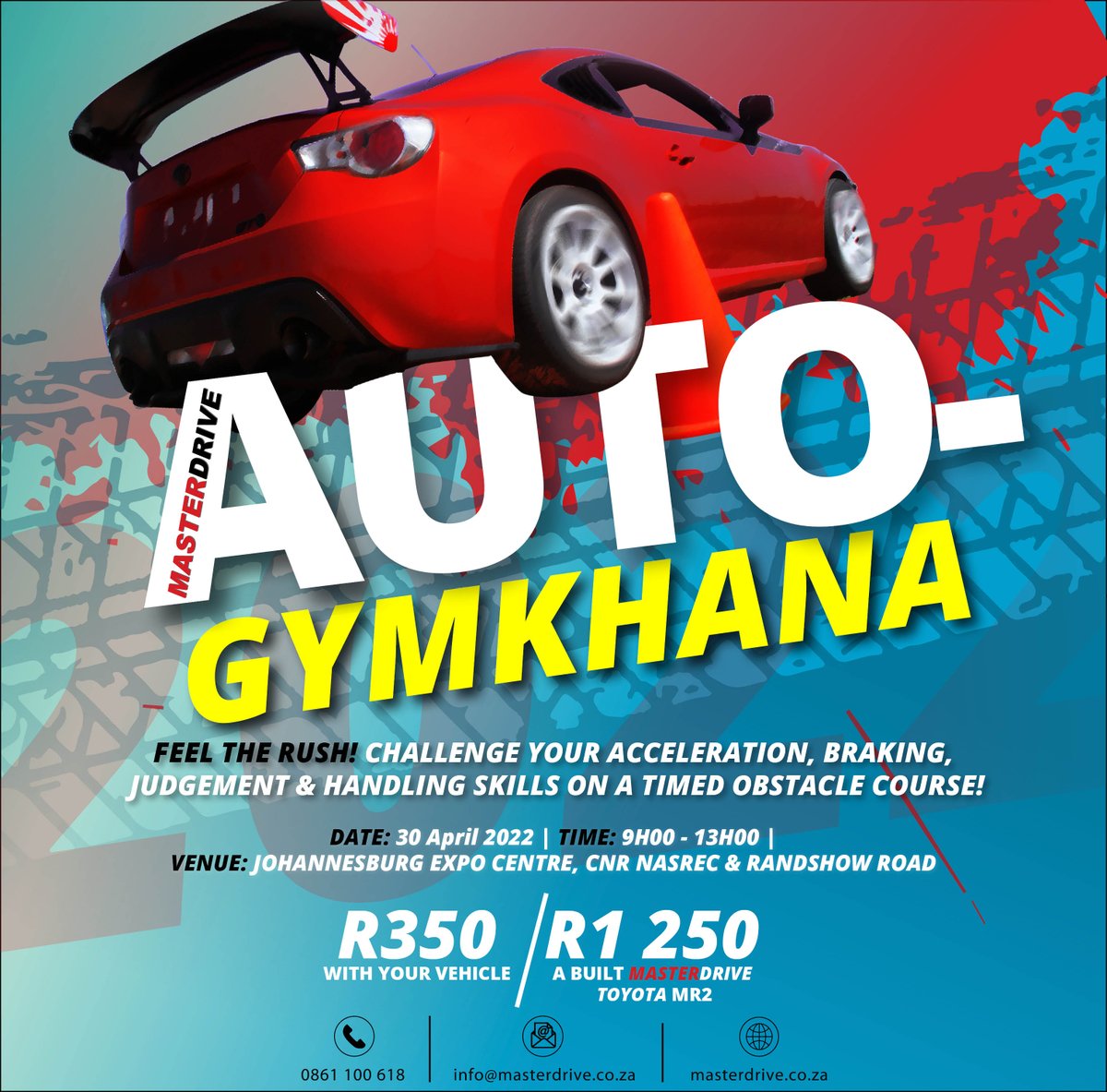 MasterDriveSA's tweet photo. Set the track ablaze on a timed obstacle course on Saturday 30 April with #MasterDrive's Auto-Gymkhana!
Contact MasterDrive on 0861 100 618 or email info@masterdrive.co.za to book your space!
#AutoGymkhana #PrecisionDriving #AdvancedDriving #Roadsafety #MasterDriveHiPerformance https://t.co/BUegPu0kwZ