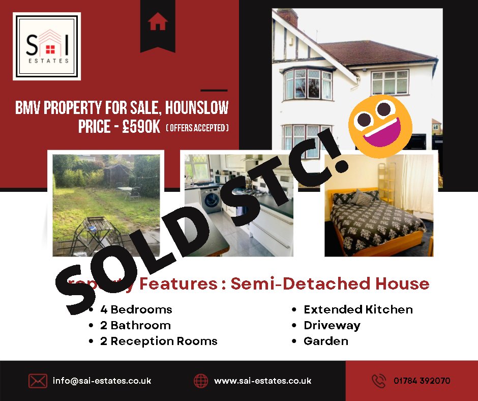 SaiPropertiesUK's tweet photo. Sai Estates are happy to share that we recently sold this property in Hounslow in just 4 weeks time 😊. So if you have property to Let or Sell please reach out to us on 01784392070. Would be happy to help.
#Saiestates #landlords #sold #soldstc #hounslow https://t.co/Ci3Y2RZU9V