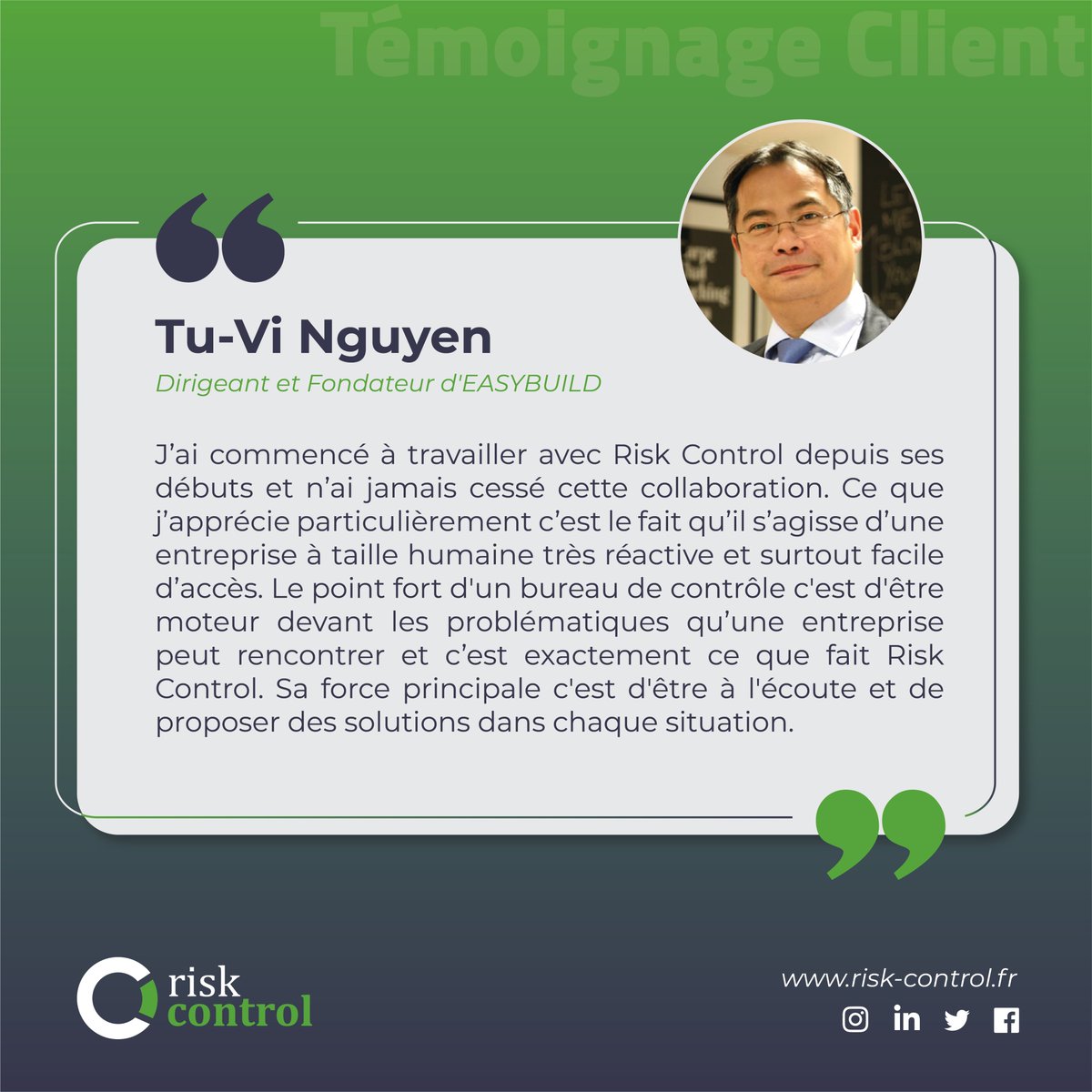 RiskControl11's tweet photo. Aujourd’hui, Tu-Vi Nguyen - Dirigeant et Fondateur d'EASYBUILD, nous partage son expérience avec RISK CONTROL !

Tu-Vi, travailler à vos côtés a toujours été un plaisir !

#témoignage #collaboration #satisfactionclient https://t.co/DaynEKKuJ3