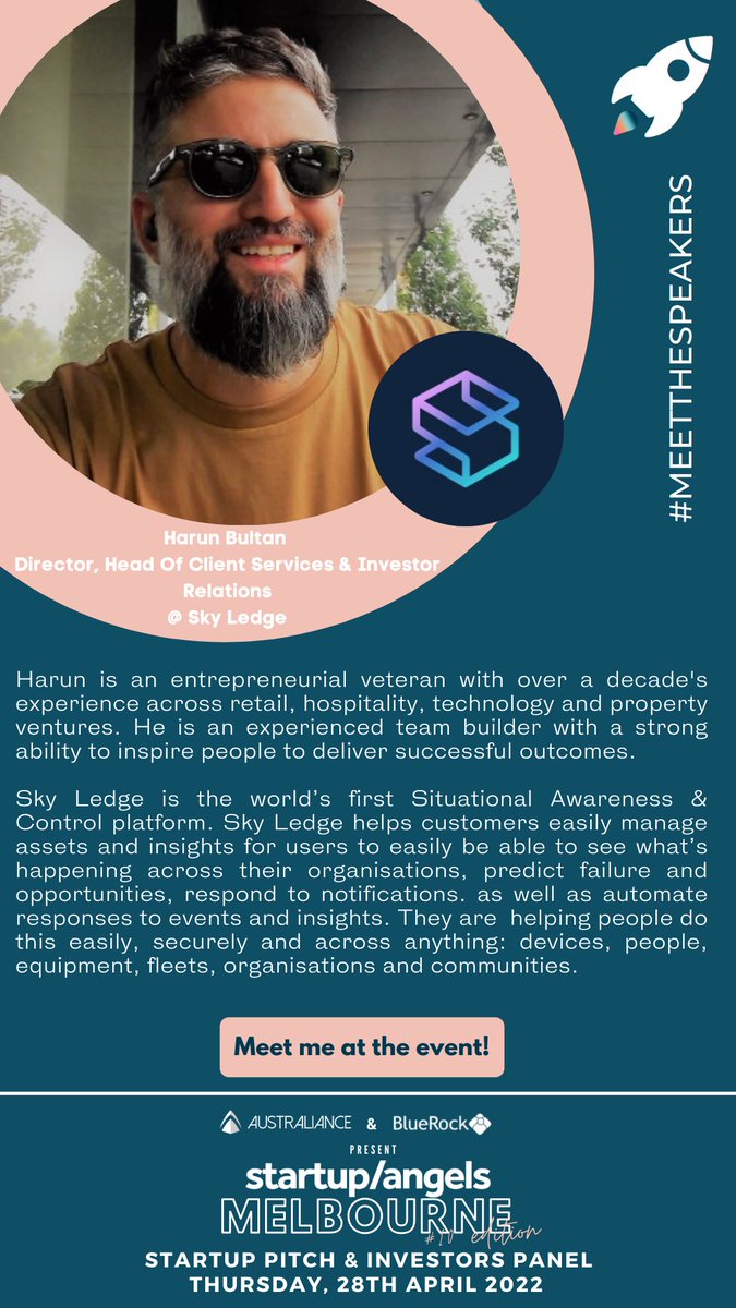 #Meetthespeakers 
Meet Harun Bultan | Director, Head Of Client Services &amp; Investor Relations Sky Ledge
We would love for you all to meet and get to know the speakers at our S/A #Pitch &amp; Investors #panel event in Melbourne🚀 Booked your spot yet? >> events.humanitix.com/startup-and-an…