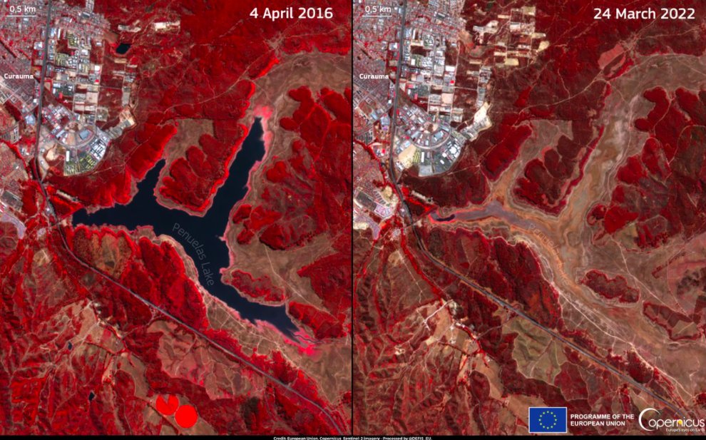 #EarthDay2022🌍

#Copernicus🇪🇺🛰️free & #OpenData are essential for monitoring #ClimateChange-induced #drought worldwide

#DYK Chile's  🇨🇱 Lake Peñuelas has dried up due to a multiannual drought⁉️

The absence of water is visible in these #Sentinel2 🇪🇺🛰️images of ↙️2016 and ↘️2022