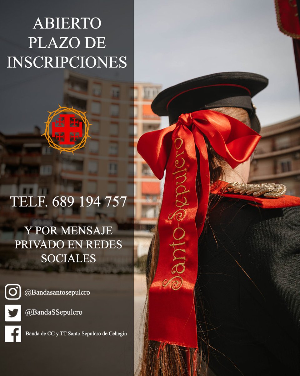 BandaSSepulcro's tweet photo. ABIERTO PLAZO DE INSCRIPCIÓN 📣

Queda abierto el plazo de inscripción para formar parte de nuestra formación en la próxima temporada.

Si te gusta el mundo de las cornetas y tambores, no dudes en poner en contacto con nosotros.

#santosepulcrocehegín https://t.co/Scd6qEy4Al