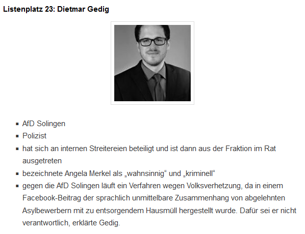AfDWatchBo's tweet photo. 23 Tage bis zur #LandtagswahlNRW
Listenplatz 23: Dietmar Gedig
Der Polizist #Gedig von der #noAfD #Solingen, gegen die ein Verfahren wegen Volksverhetzung läuft, bechimpfte Angela #Merkel als „wahnsinnig“ und „kriminell“ https://t.co/VurtUmGrJZ