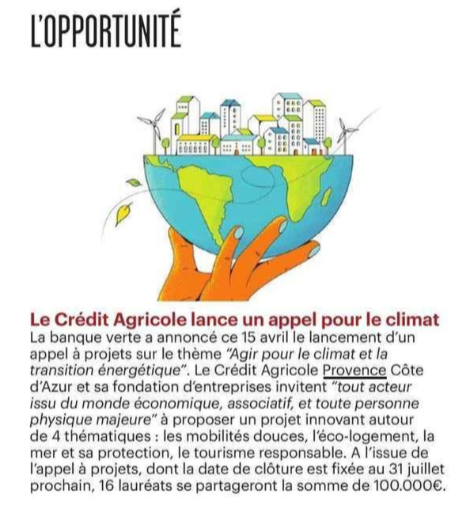 #DANSLAPRESSE 📰 
On parle de notre Appel à Projet pour le #Climat ! 🌍
Vous avez un projet sur les #mobilités douces, l’éco #logement, la #mer et sa protection ou le #tourisme responsable ?
RDV sur👉 bit.ly/3xvGSS6 ! 100 000 € seront répartis entre 16 lauréats 🙂