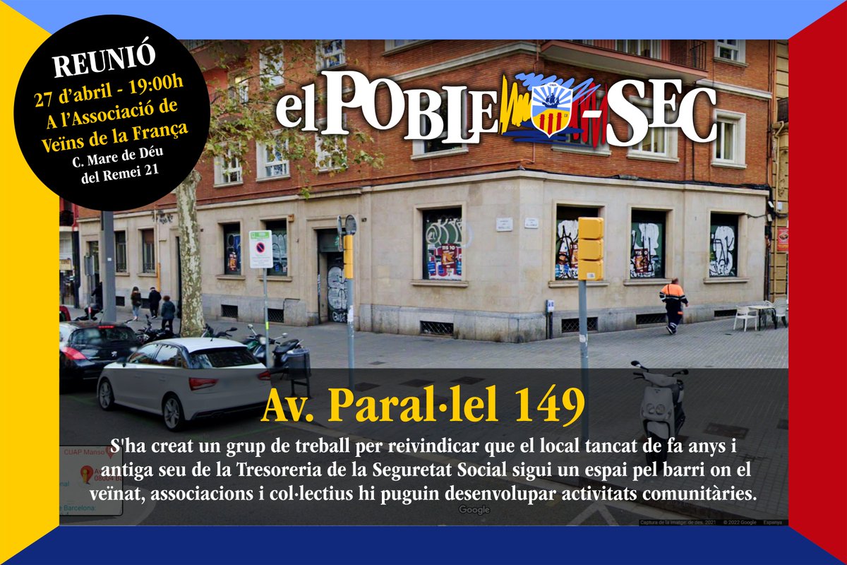 Av. Paral·lel 149! S'ha creat un grup de treball per reivindicar que el local tancat de fa anys i antiga seu de la Tresoreria de la Seguretat Social sigui un espai pel barri. 
REUNIÓ: 27 d’abril - 19:00h, a l’Associació de Veïns de La França C. Mare de Déu  del Remei 21.
😎🅾️🅿️💙