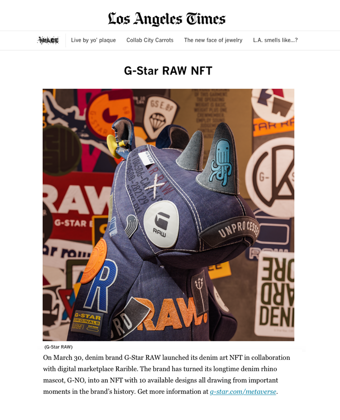 G-NO got featured on <a href="/latimes/">Los Angeles Times</a>. West coast, you know what to do! Grab your G-NO while they last: rarible.com/g-starraw