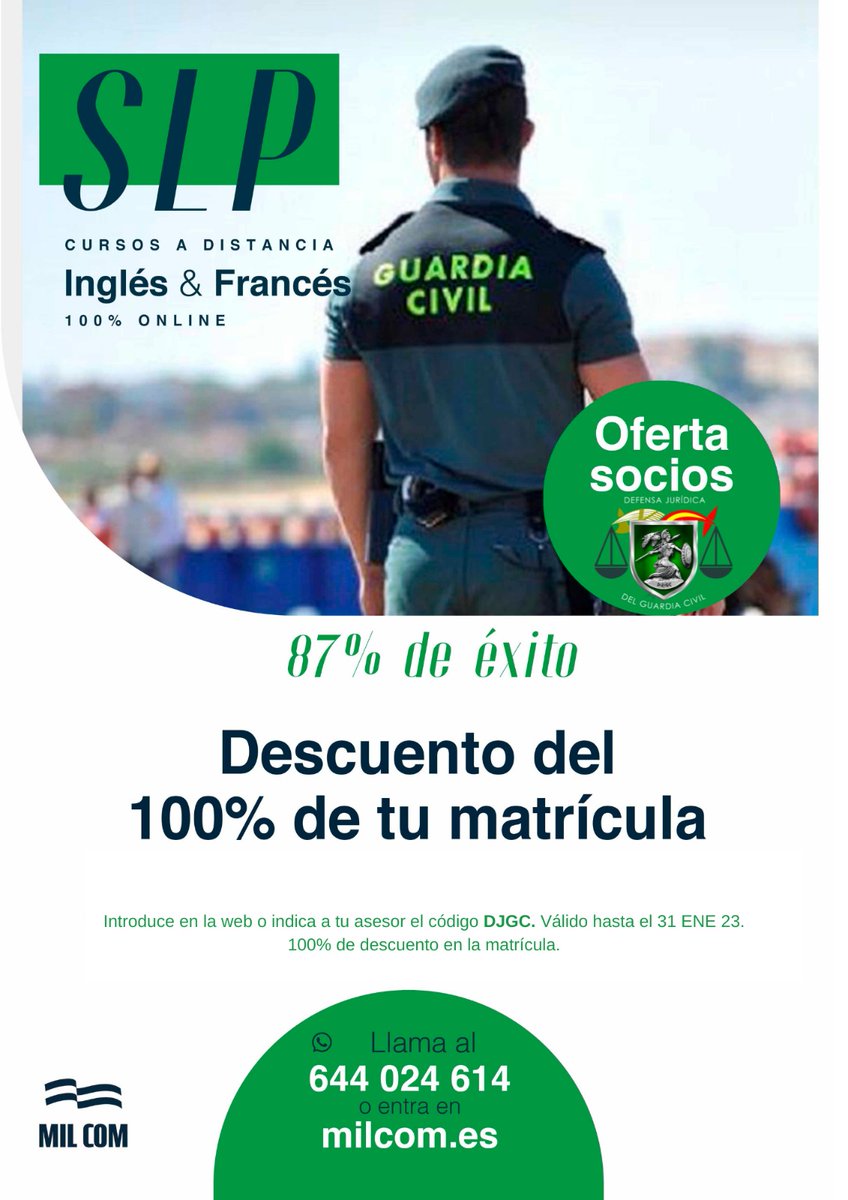 DJGC_Oficial's tweet photo. En menos de 2 semanas finaliza el plazo de solicitud para exámenes SLP @guardiacivil #ingles #frances.
En @IdiomasMilcom todavía estás a tiempo, asociado d #DJGC aprovecha oferta, nuestra Presidenta @yohannaalonso13 y cientos de compañeros ya lo hicieron y alcanzaron su objetivo https://t.co/RL5MreMKUf