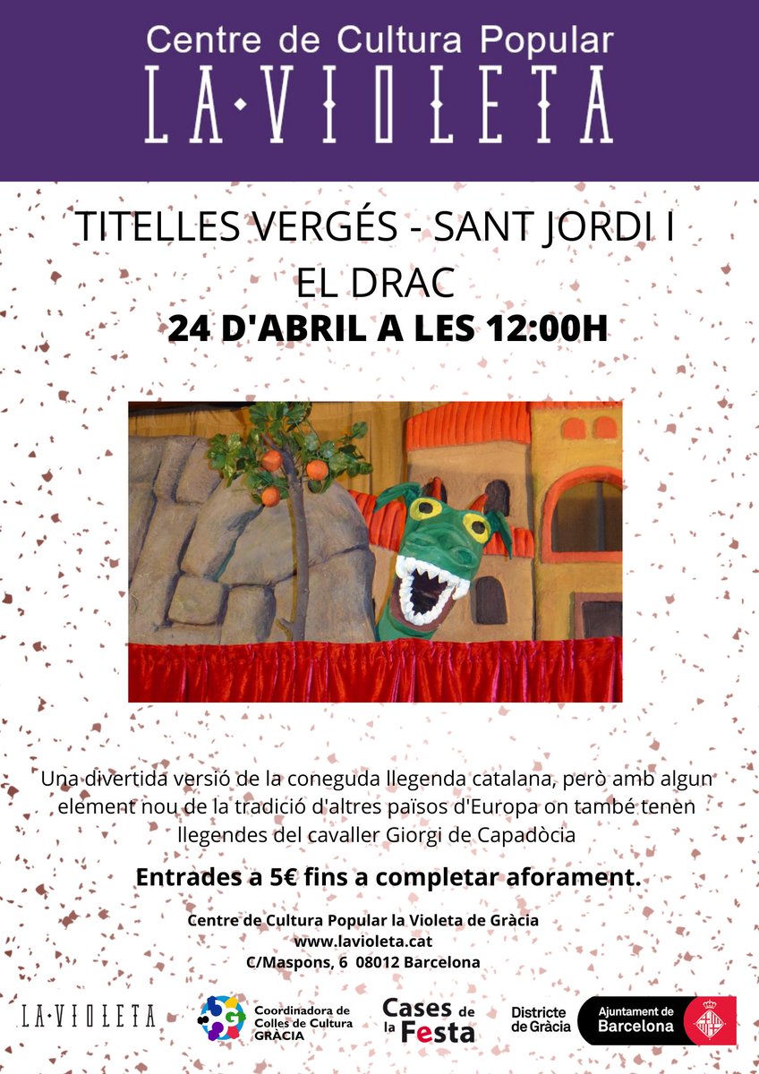 VioletaDeGracia's tweet photo. 🐲🌹👸No us perdeu la #MatinalInfantil de #Titelles de Sant Jordi i el drac, a càrrec de Titelles Vergés.
📅Diumenge 24 d'abril
⏰12h
💰5€ (menors de 3 anys entrada gratuïta)
#SantJordi #SantJordi2022 #CelebremLesTradicions https://t.co/TOSfOPKc3q