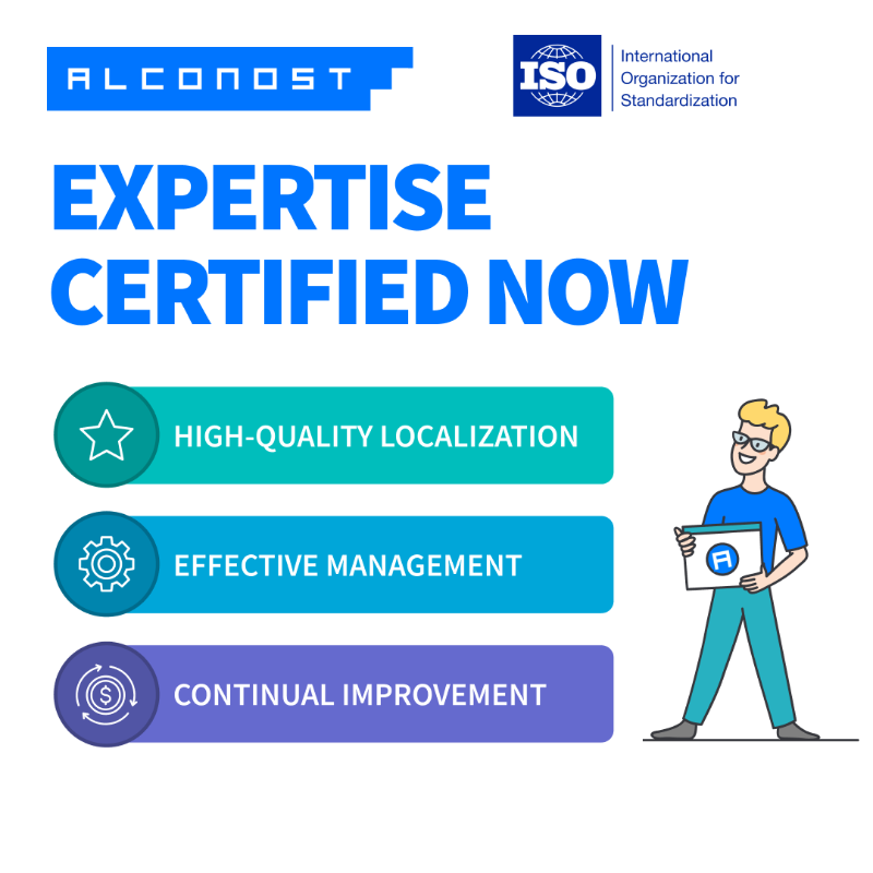 alconost's tweet photo. We are pleased to announce that Alconost has received ISO 9001, 17100 (#Translation quality), and 18587 (#PEMT)! From now on, our clients have internationally recognizable guarantees for reliable partnership 🥇

Learn more about our localization services: https://t.co/3Jg2jTpVtM