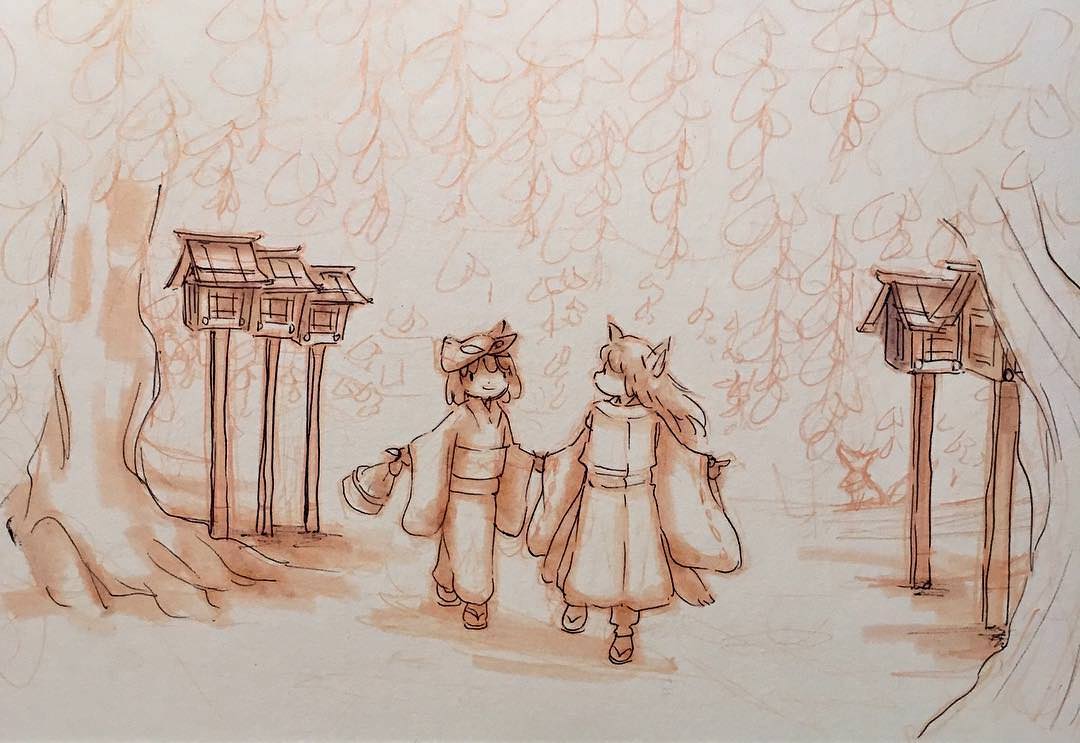 Toastiewiththe's tweet photo. not my #Art
IG mypicturebookcafe
A girl with an Inari fox boy under wisteria blossoms 😊 Done with pen and ink. #illustration #kidlit #kidlitart #childrensbookillustration #childrenswritersguild #wisteria #japanesegarden #kimono #inari #inarifox #fairytail #shrine #イラスト https://t.co/6j4H9xGEUK