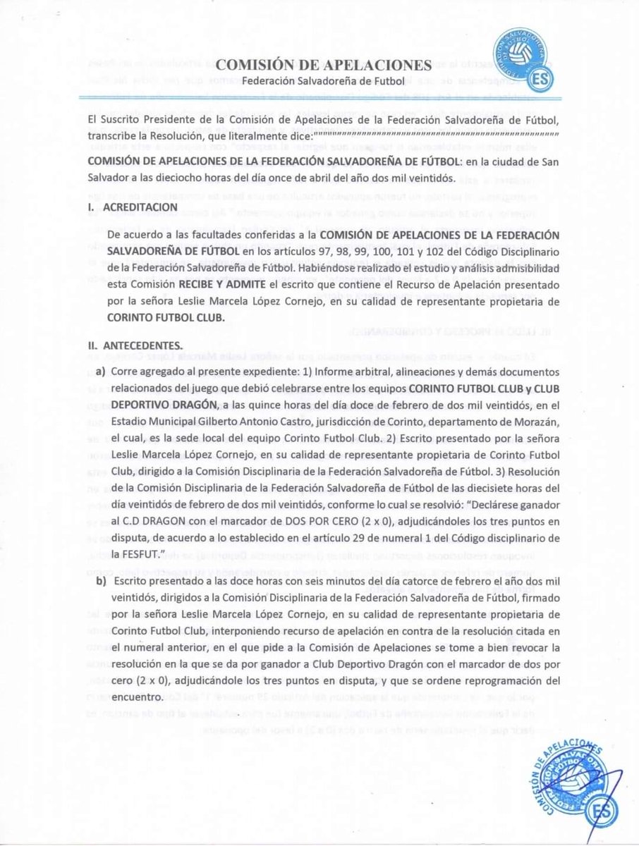 Cd_Dragon_sv's tweet photo. Esta tarde recibimos el documento de la resolución final de parte de @fesfut_sv donde se ratifica la resolución de @LaSegundaSV de declarar ganador a C.D. DRAGÓN por marcador de 2 - 0 y adjudicar los 3️⃣ puntos en disputa del partido suspendido por la fecha 3 vs Corinto F.C. https://t.co/8BicGviuyV