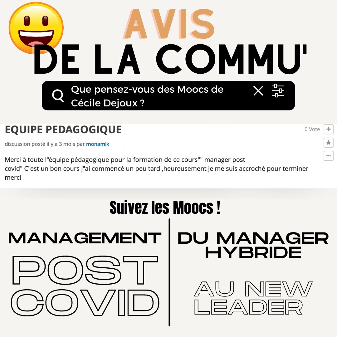 CecileDejoux's tweet photo. 😊Envie de rejoindre une communauté de mooceurs passionnés et à l’esprit #collaboratif ? Faites vous un 🎁, inscrivez-vous à nos #Moocs
➡️Du #Manager #Hybdride au New #Leader 👉https://t.co/aoxZDmJs7j
@LeCnam @FunMooc https://t.co/aFdJpKdeow