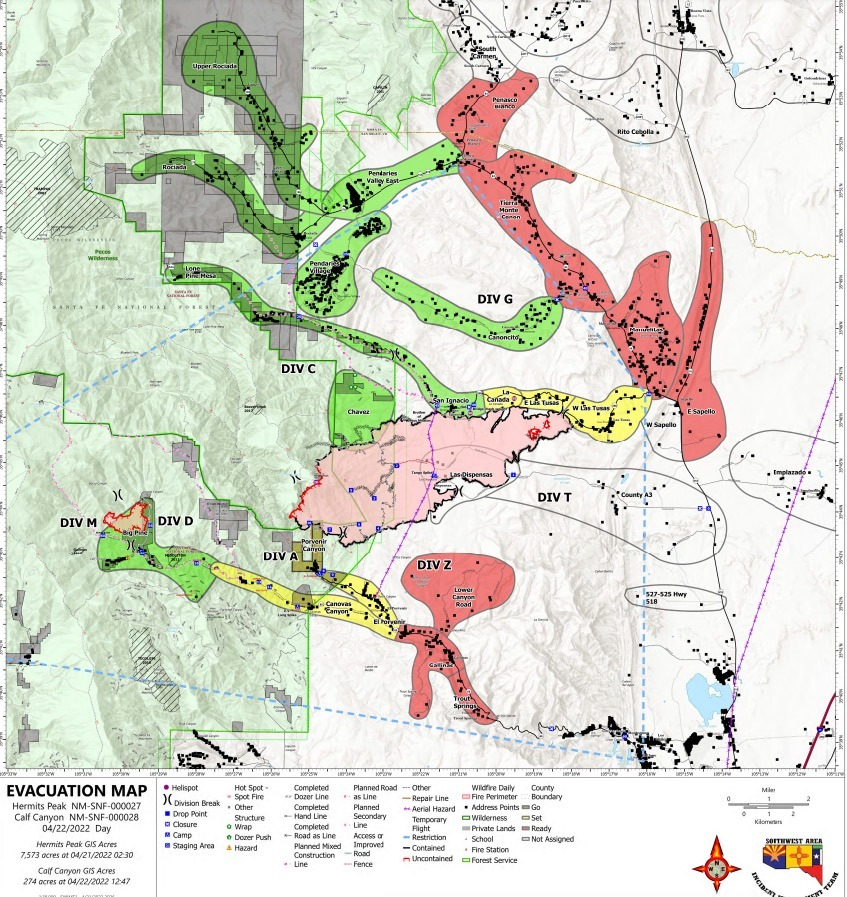 Bewickwren's tweet photo. San Miguel County evacuation map for April 22 2022 
#CalfCanyonFire 
#NMFire
🔥🔥🔥 https://t.co/yEYXGbmJFy