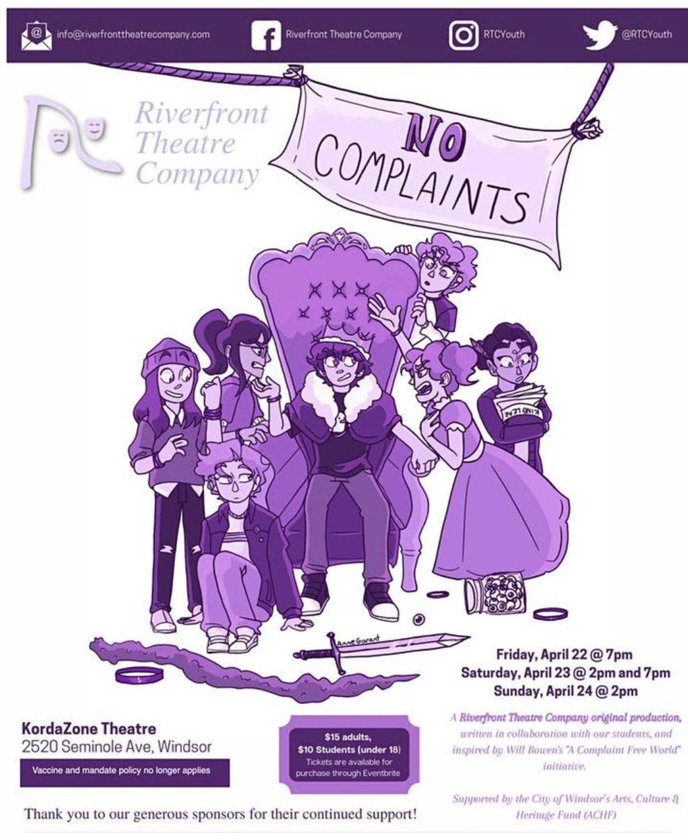 Tonight <a href="/RTCyouth/">RTC</a> Theatre opens their original production, No Complaints, at #KordazoneTheatre come enjoy live theatre and the talents of these wonderful local youth. Apr. 22, 23 and 24 #YQG eyesonwindsor.com/event/no-compl…