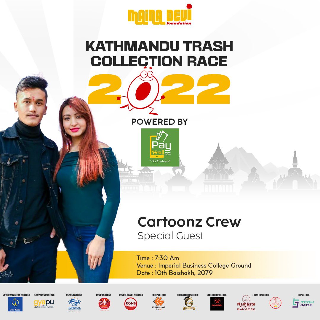 Mainadevifound's tweet photo. We are proud to have Cartoonz Crew as our special guest for Kathmandu Trash Collection Race 2022.

Event Date: Baisakh 10 (Saturday)
Venue: Imperial Business College, Hattisar, Kathmandu
Time: 7 AM

You are invited. Join us! 
#KTCR2022 #mainadevifoundation https://t.co/Zp00lK2rMM