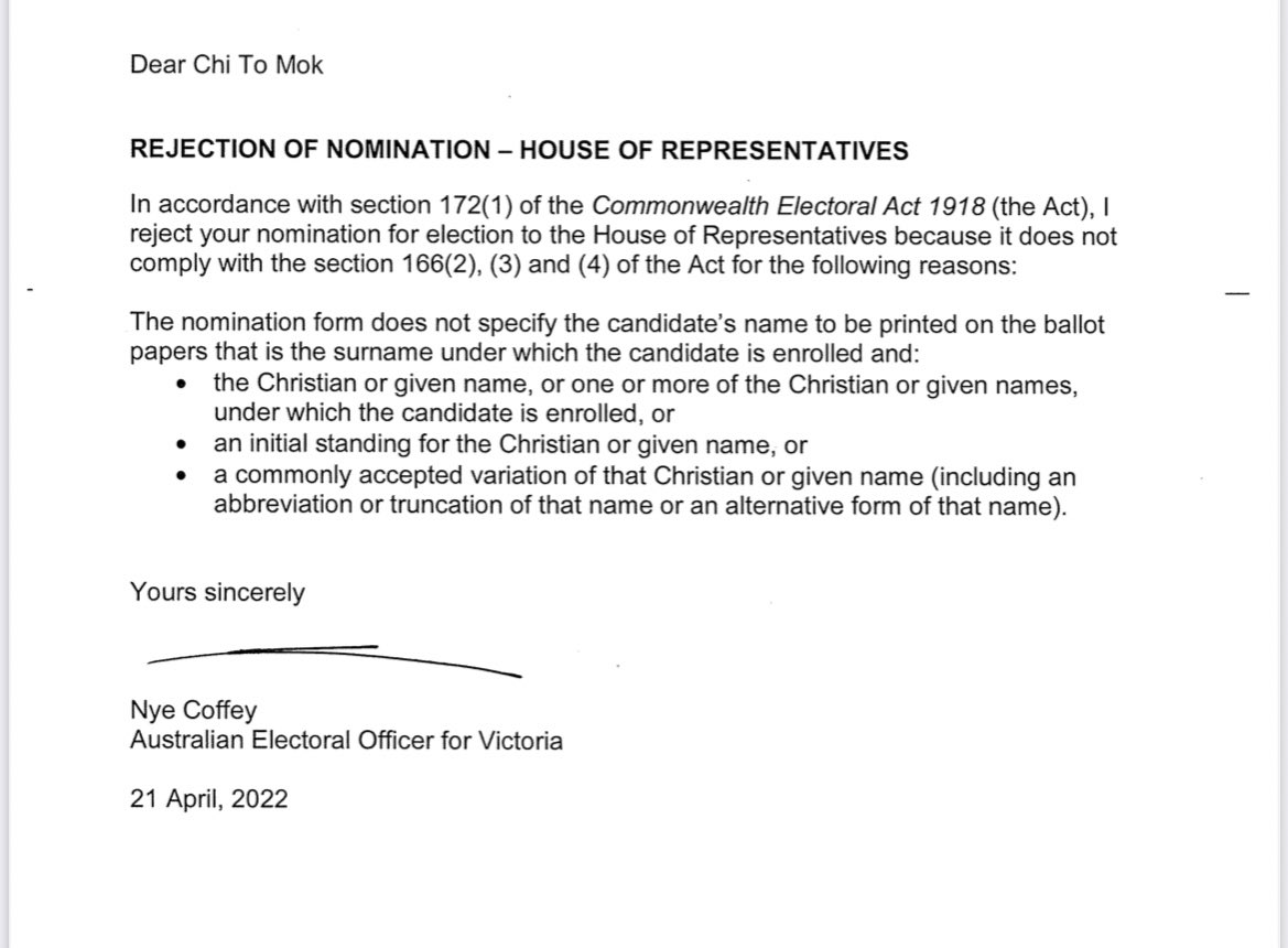 DrewPavlou's tweet photo. BREAKING: We are taking immediate legal action against @AusElectoralCom to appeal a MIDNIGHT decision to bar our candidate @maxmokchito from running in Chisholm because they were confused by his legal Asian name “Chi To Mok.” I thought we moved on from White Australia???? https://t.co/cqLYl9JQah