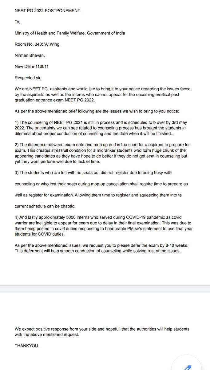 KothadiyaSpeaks's tweet photo. Respected @narendramodi ji, @mansukhmandviya ji, @DrBharatippawar ji, request you to pls accept the demand of postponement of #NEETPG2022 Exam so that the aspirants get ample time for preparation and their precious one yr is saved. 

#NEETPG2022DEFERMENT 
#NEETPG2022postpone https://t.co/lO7NFlbSQP